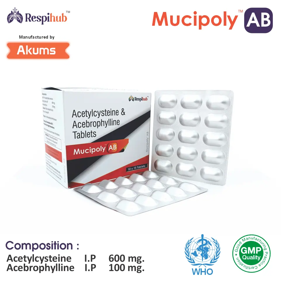 Mucipoly AB tablet Acebrophylline 100mg and Acetylcysteine 600mg manufactured by Akums for Cafoli Lifecare Respihub division